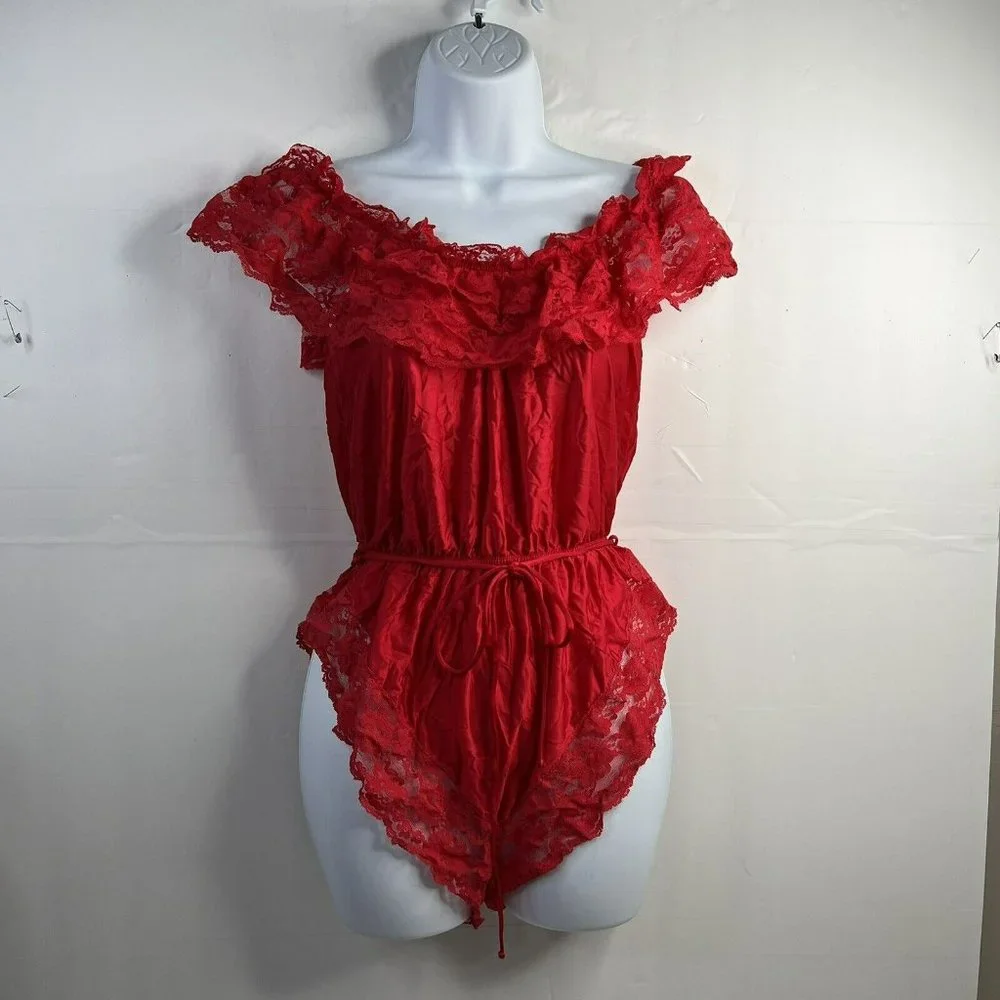 Vintage 70s‎ 80s Teddy One Piece Red Lace Satin Romper Lingerie High Cut Booty M